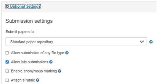 Image showing the Turnitin assignment optional settings setup page (Submission Settings).