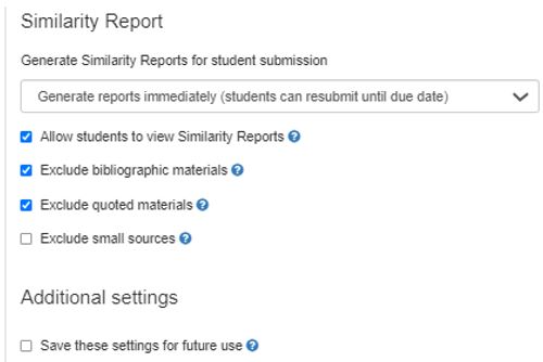 Image showing the Turnitin assignment optional settings setup page (Similarity Report Settings).