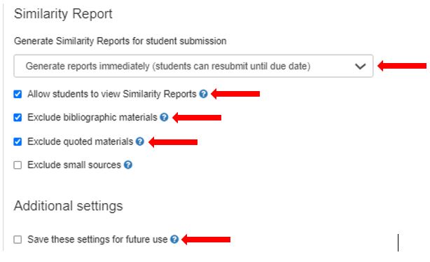 Image showing the Turnitin assignment optional settings setup page (Similarity Report Settings)