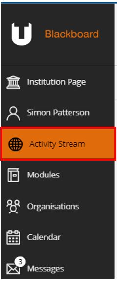 Image showing how to access the activity stream in Blackboard Ultra