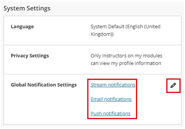 Image showing how to access the activity stream setting via the system settings in Blackboard Ultra