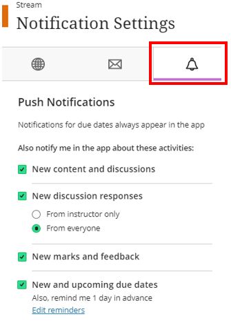 Image showing the Push Notifications in the Notification Settings in Blackboard Ultra
