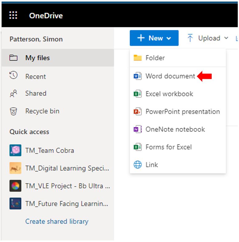 Image showing how to create a Word Document in OneDrive