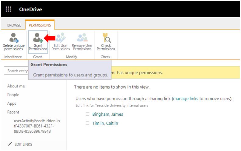 Image showing setting permissions in OneDrive
