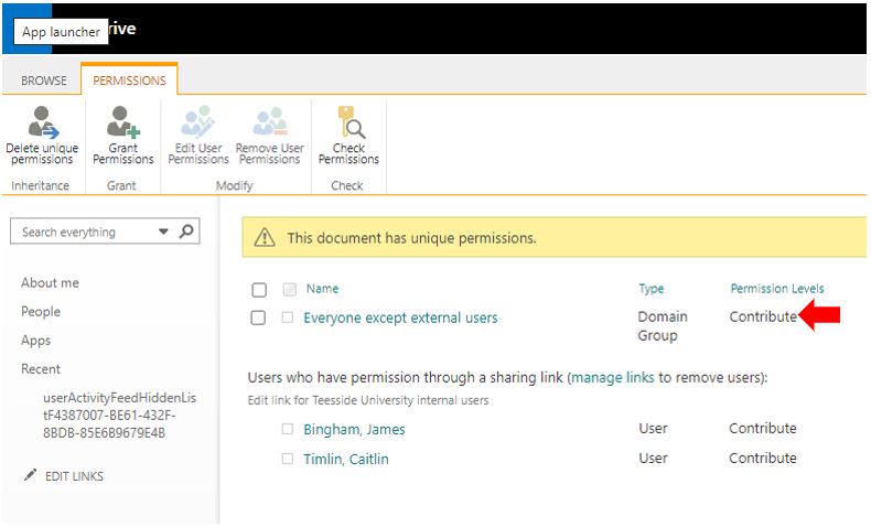 Image showing setting permissions in OneDrive