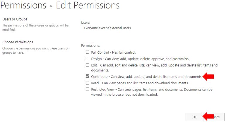Image showing advanced options for configuring permissions in OneDrive