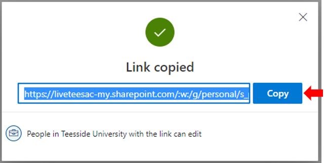 Image showing how to copy a link ready to be shared in Blackboard Ultra from OneDrive