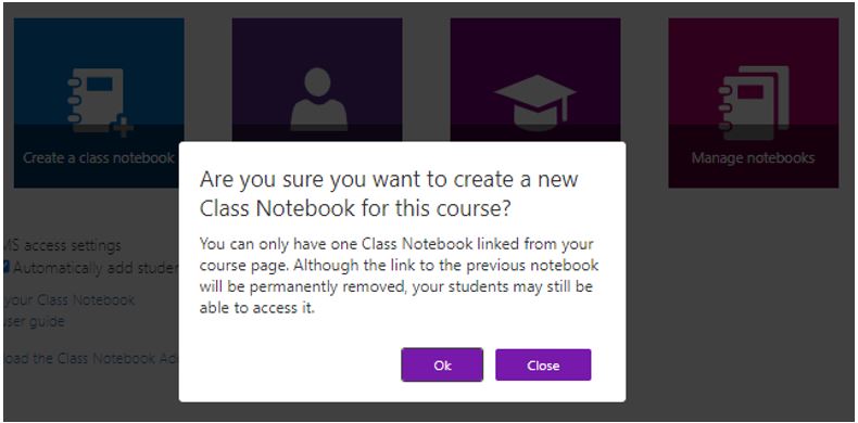 Image showing warning message regarding creating a new Notebook for this course page when one already exists
