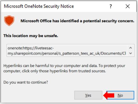 Image showing Microsoft OneNote Security Notice