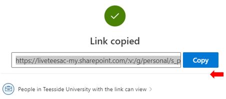 Image showing the Link copied menu where the new link can be copied to the clipboard
