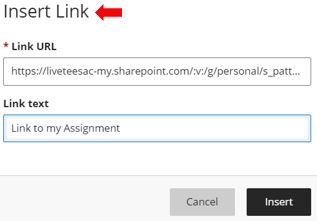 Image showing how to copy the OneDrive link into a Blackboard Ultra Assignment using the insert link option.