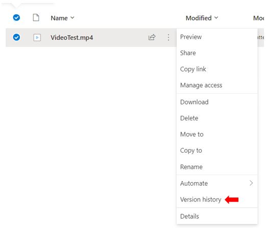 Image showing how to access Version History in Microsoft OneDrive 