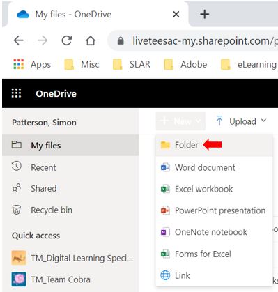 Image showing how to create a new folder in MS OneDrive