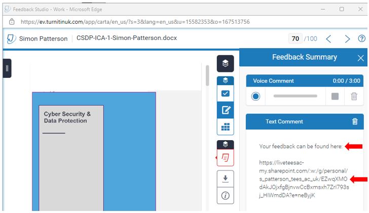 Image showing how to add link to OneDrive feedback to a Turnitin assignment