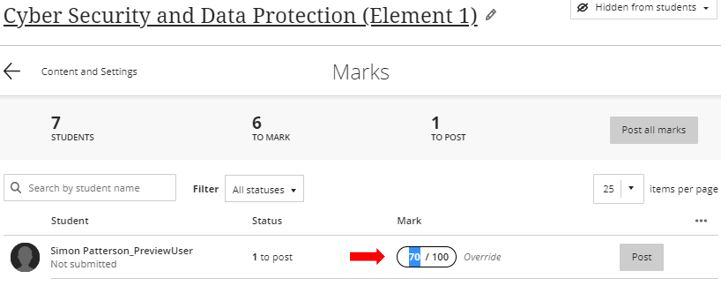 Image showing adding marks to a Blackboard Ultra assignment