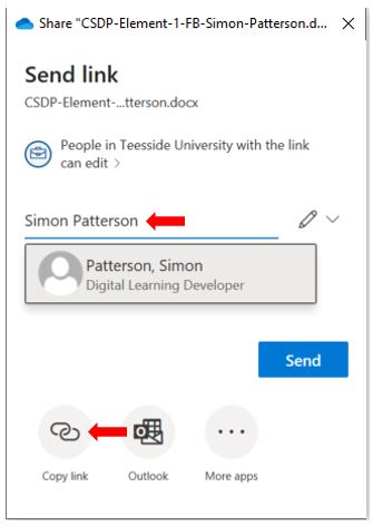 Image showing how to share a document with a specific user (Student) and how to create a Link