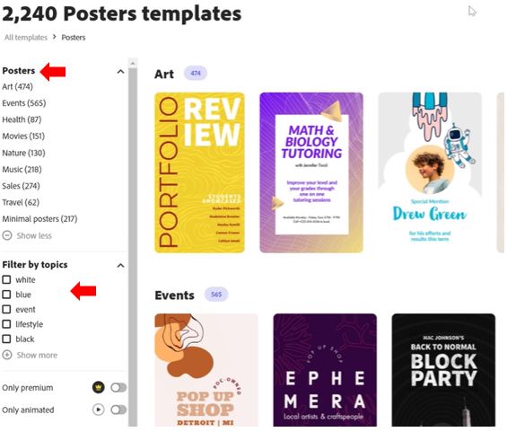 Image showing how to filter poster template selection