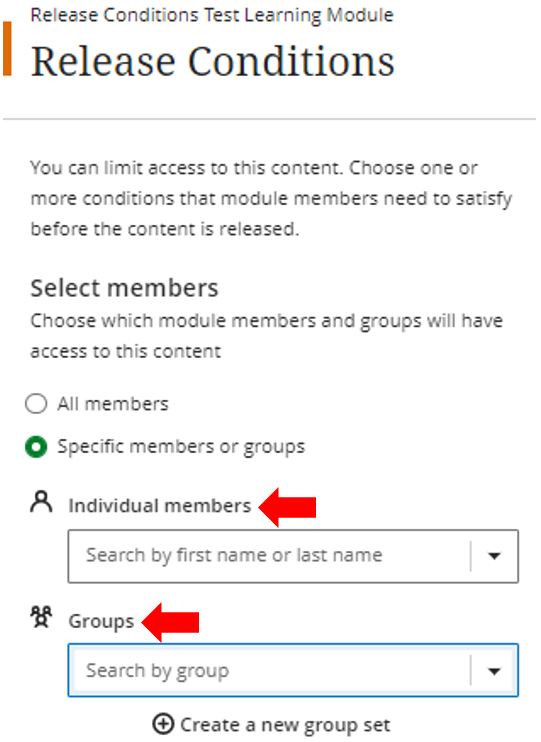 Image showing the configuration of release conditions in Blackboard Ultra for individual users or groups