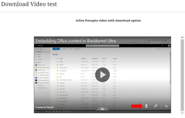 Image showing the download option inline video from Panopto in Blackboard Ultra