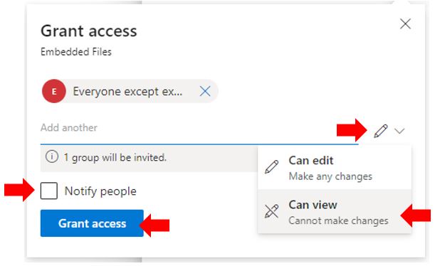 Image showing how to set permissions to Read Only for a folder in Microsoft OneDrive