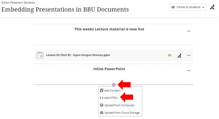 Image showing how to create a Blackboard Ultra document and add a HTML component
