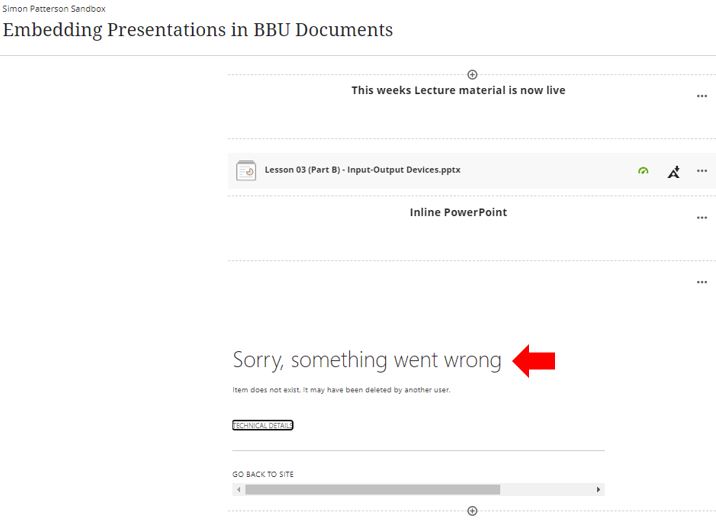 Image showing the impact for the inline Blackboard Ultra document if the Office document is deleted or moved. 