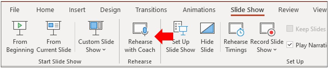 Image showing how to launch the Microsoft PowerPoint Presenter Coach