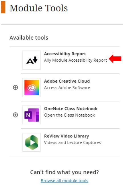 Image showing how to access Accessibility Report from Module Tools
