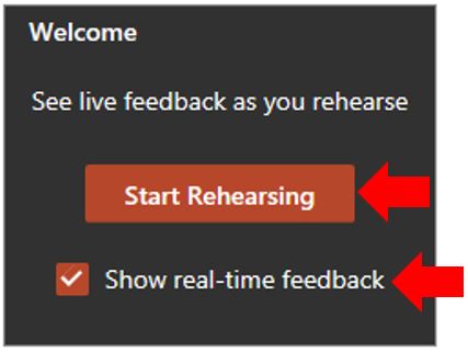 Image showing the "Start Rehearsing" dialogue box that appears after launching the Presenter Coach in Microsoft PowerPoint