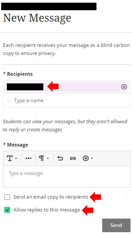 Image showing how to send a message in Blackboard Ultra