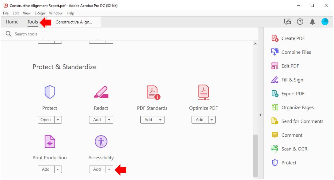 Image showing how to access the Accessibility features in Adobe PDF