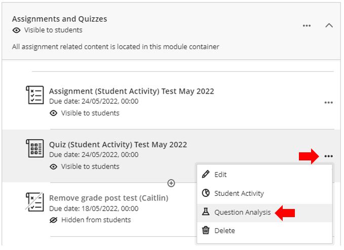 Image showing how to access the Question Analysis feature of Blackboard Ultra via the Module Content section