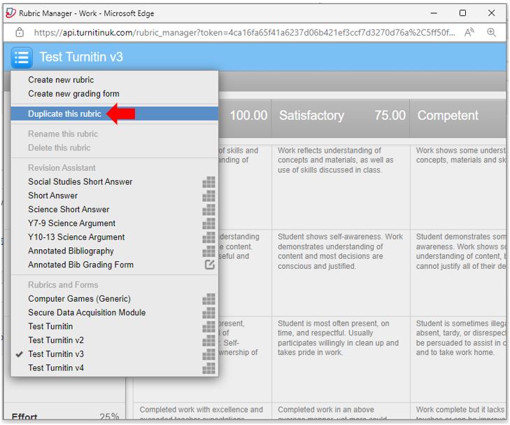 Image showing how to duplicate a Turnitin rubric via the Rubric Manager