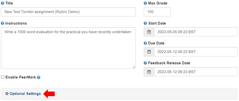 Image showing the creation of a Turnitin assignment in Blackboard