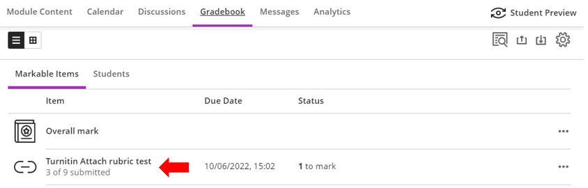 Image showing how to open submitted Turnitin assignments via the Blackboard Ultra Gradebook 
