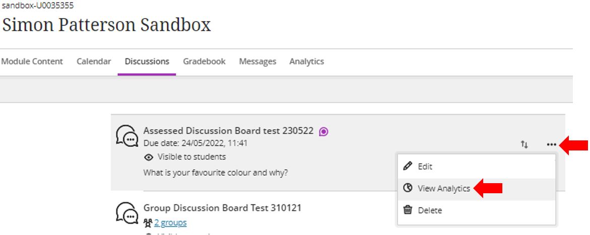 Image showing how o access the Discussions menu in Blackboard Ultra via the View analytics options of a specific discussion board