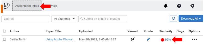 Image showing how to access a submitted Turnitin assignment via the Turnitin Assignment Inbox and similarity score