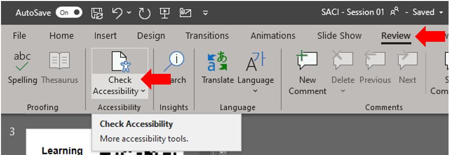 Image showing how to manually run the accessibility checker in Microsoft PowerPoint