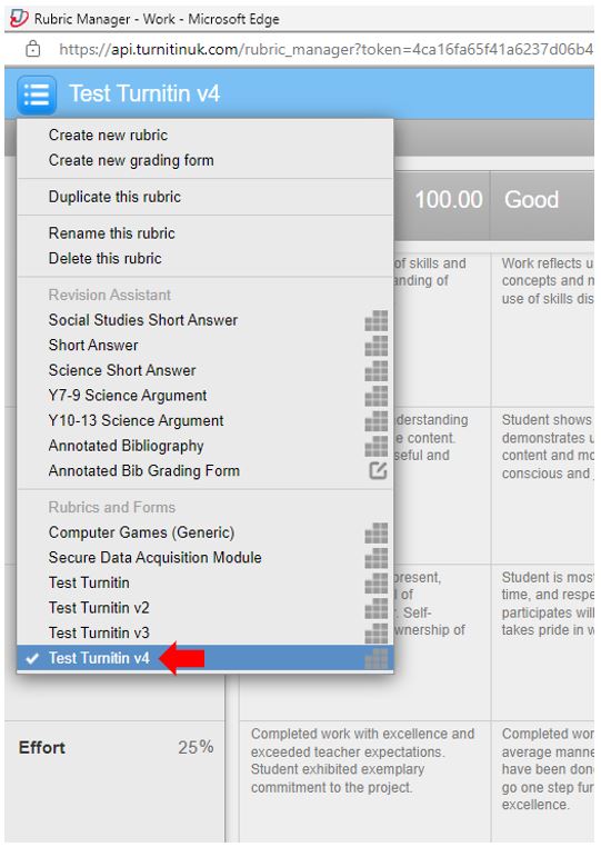 Image showing how to attach a different rubric to a Turnitin assessment via the Rubric Manager