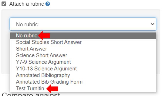 Image showing the default rubrics that can be slected and attached to a Turnitin assignment