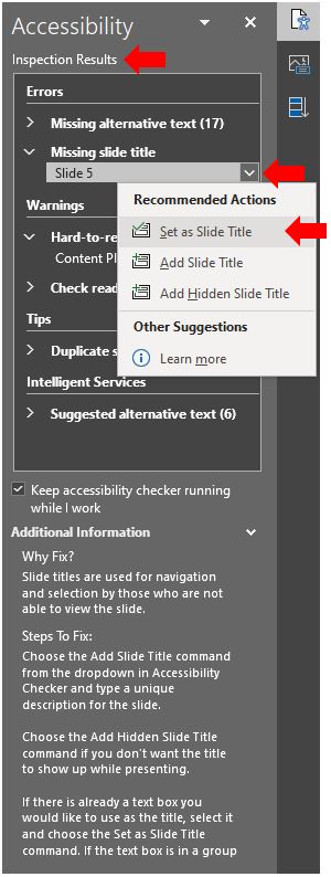 Image showing how to apply recommended actions to resolve accessibility options in Microsoft PowerPoint via the Accessibility Checker feature