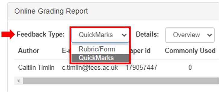 Image showing the Online Grading Report Feedback Type