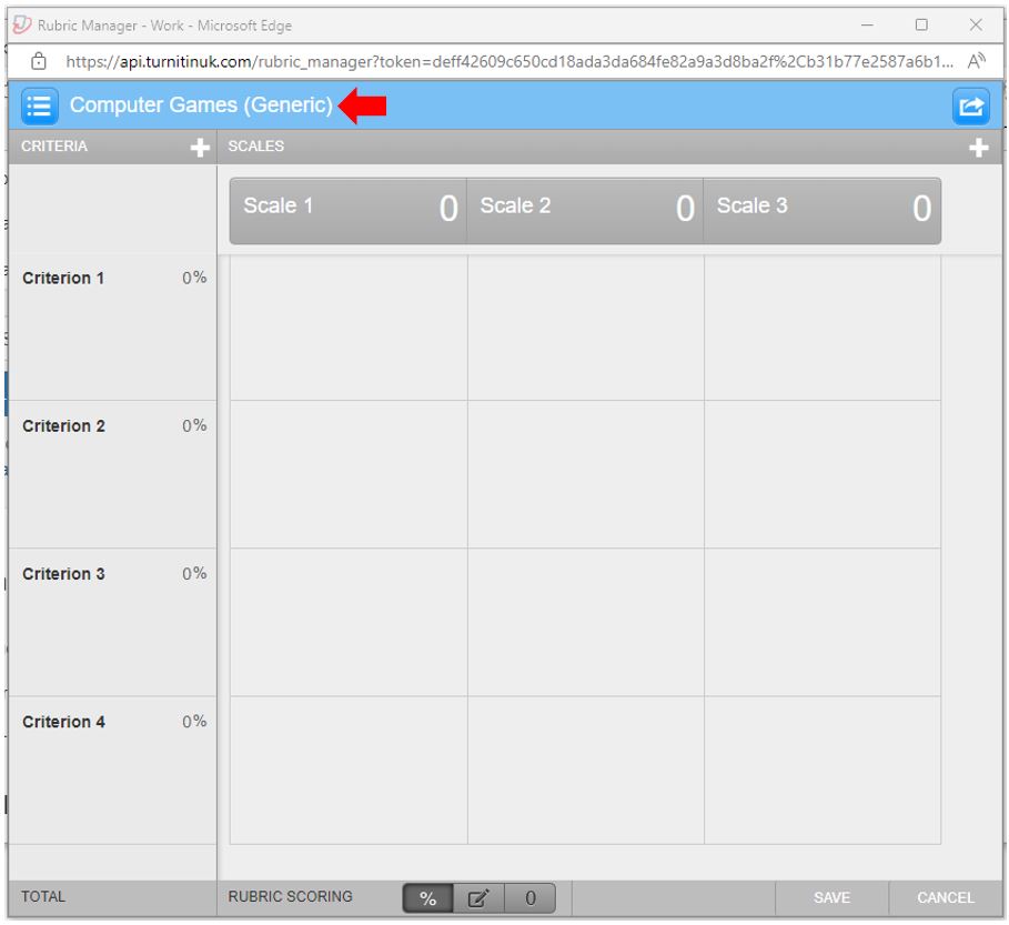 Image showing where and how to update a Turnitin rubric title in the Rubric Manager