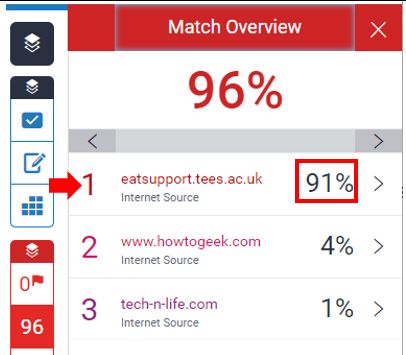 Image showing the Turnitin Originality Report Match Overview menu