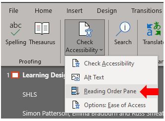 Image showing how to configure the reading order of content on a slide in Microsoft PowerPoint to support accessibility (especially for immersive readers)