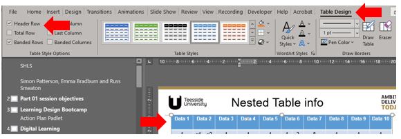 Image showing how to add table headers to a table within a PowerPoint presentation to support immersive readers 