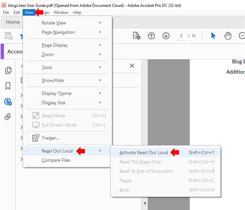 Image showing ho to execute the Read Out Loud feature in Adobe Acrobat