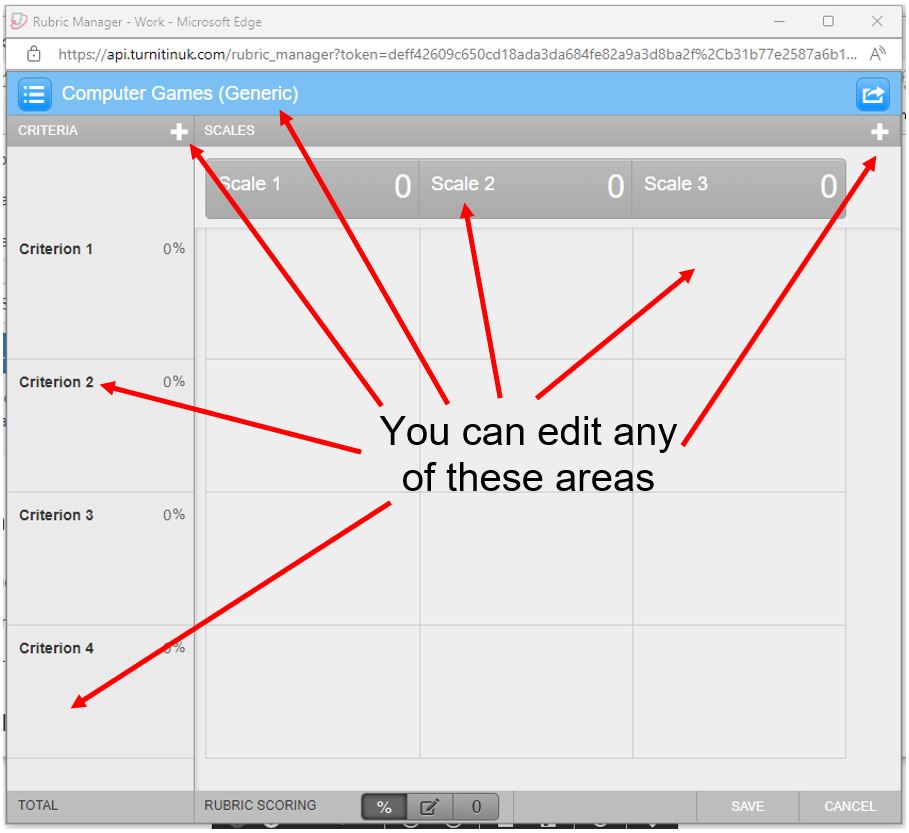 Image showing the areas of the Turnitin rubric that are editable