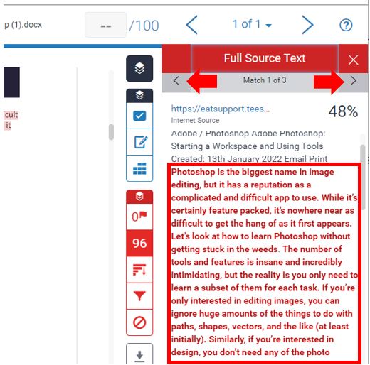 Image showing the Full Source Mode menu in the Match Overview options of Turnitin originality report