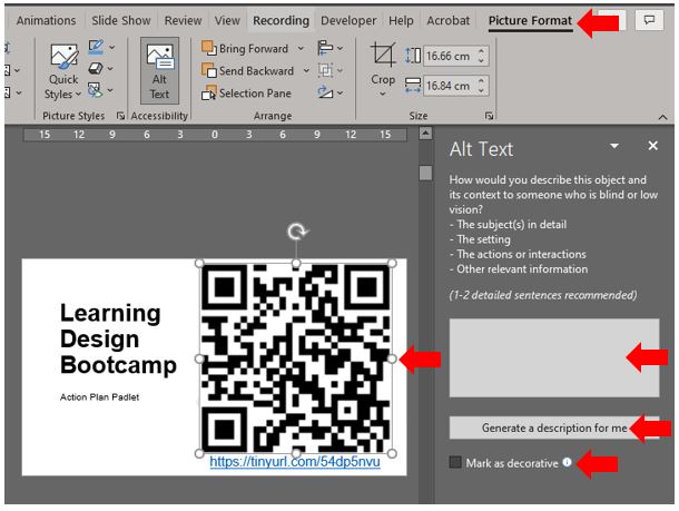 Image showing how to add alt tags to content in Microsoft Power to support accessibility via immersive readers